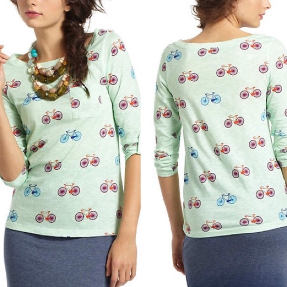 Anthropologie Tops - Vintage Anthropologie Postmark Mint Green Bicycle Print Banter Tee Size Medium